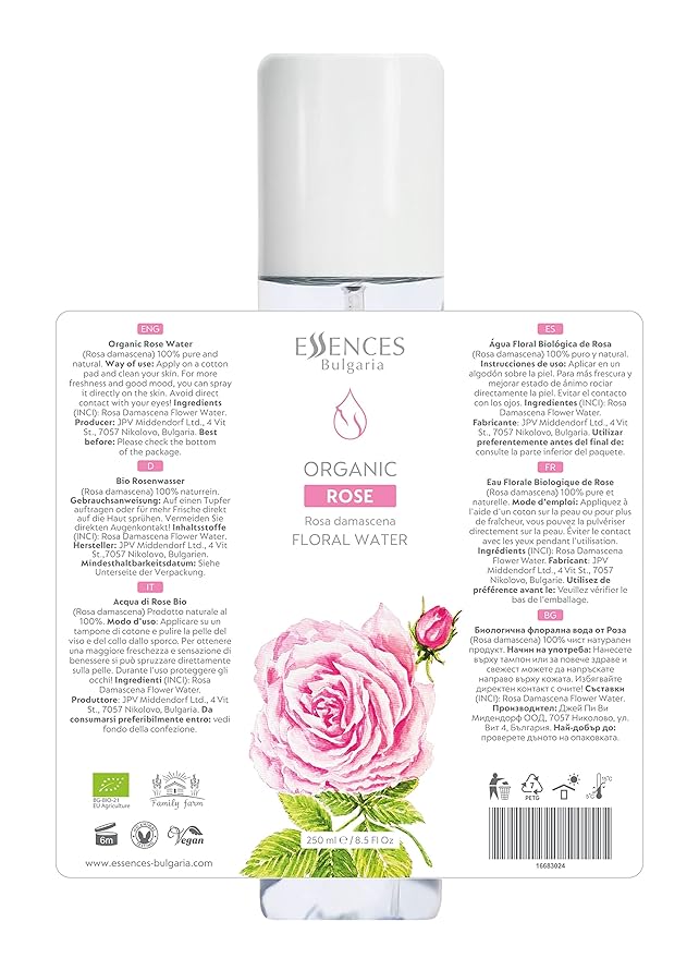 Essences Bulgaria | Organic Rose Floral Water 8.5 Fl Oz | 250ml | Rosa damascena | 100% Pure and Natural | Anti-Age Refreshing Beauty Mist | Alcohol-Free | Makeup Remover | Hydrating | Vegan