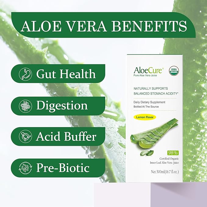 AloeCure USDA Organic Aloe Vera Juice Lemon Flavor - Made Within 12 Hours of Harvest - Natural Digestive Supplement for Balanced Stomach Acidity - Support Digestive and Immune Health, 6 Btls x 16.7oz