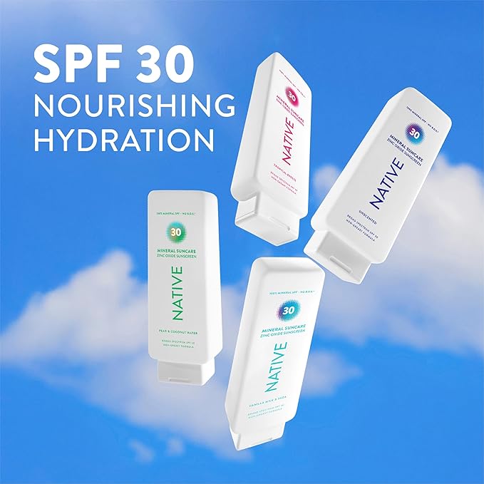 Native Mineral Sunscreen Lotion SPF 30, Tropical Breeze Scent, with 100% Mineral Zinc Oxide for Face & Body, Hawaii Compliant, Vegan, No White Cast - 7 oz
