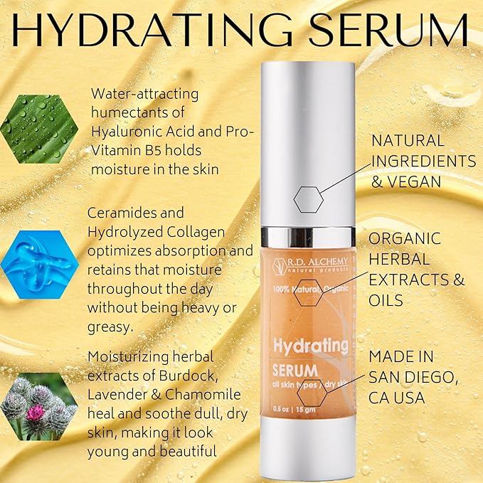 RD Alchemy - 100% Natural & Organic Hyaluronic Acid Hydrating Serum for hydrating & retaining moisture in dry & sensitive skin using Natural Humectants. For use by Everyone including Professionals