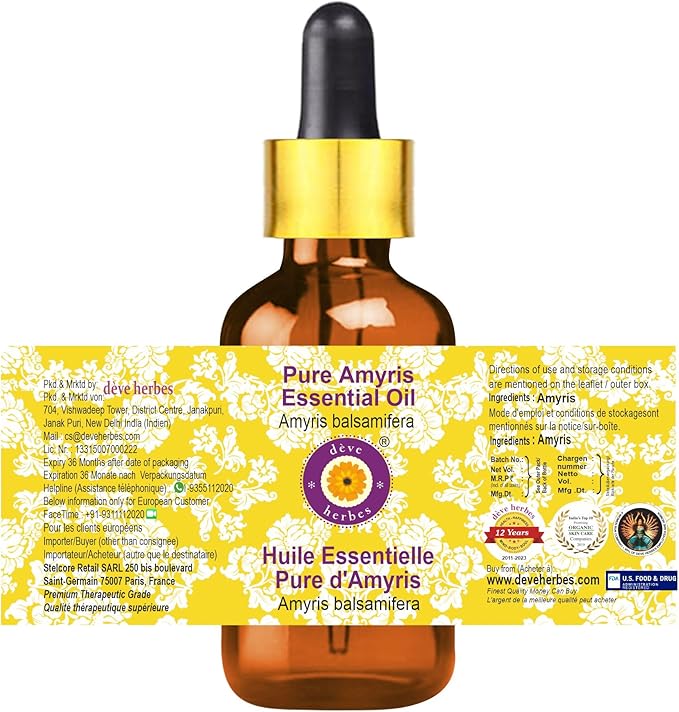 Deve Herbes Pure Amyris Essential Oil (Amyris balsamifera) with Glass Dropper Steam Distilled 100ml (3.38 oz)