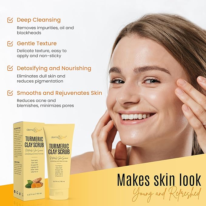 Turmeric Clay Scrub – Exfoliate, Brighten, and Refresh Your Skin with Turmeric. Achieve a Smooth, Radiant Complexion by Removing Dead Skin Cells and Impurities for a Natural Glow 5.07 Fl oz.