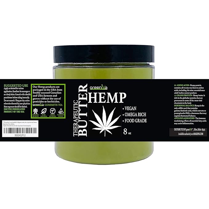 GreenIVe Hemp Body Butter 17,500mg Per Oz Raw Natural Creamy Hemp Oil and Cocoa Butter Virgin Organically Grown. (8oz Jar)
