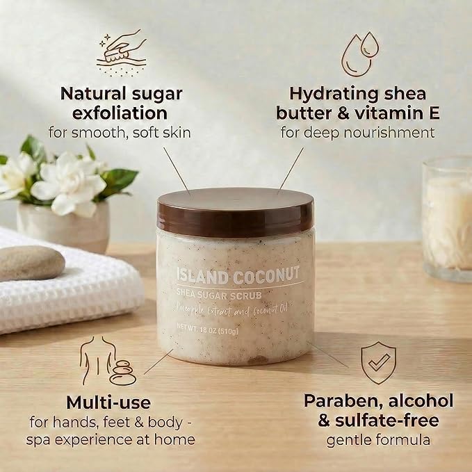 Island Coconut Sugar Scrub – Exfoliating Body Scrub for Women, Moisturizing Shea Butter, Natural Sugar Exfoliant, Hand and Foot Scrub, Paraben-Free, All Skin Types, 18 oz (Pack of 2)