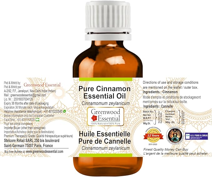 Greenwood Essential Pure Cinnamon Essential Oil (Cinnamomum zeylanicum) Steam Distilled 10ml (0.33 oz)