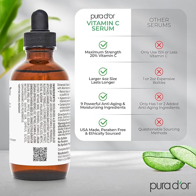 PURA D'OR 20% Vitamin C Facial Serum 4 Oz Antioxidant Blend w/Retinol, Hyaluronic Acid, Vitamin E, Ferulic Acid - Hydrating Lightweight Skincare Formula - Men Women Daily Use After Bath Oil Skin Care