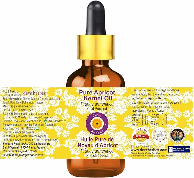 dève herbes Apricot Kernel Oil (Prunus armeniaca) with Glass Dropper | Cold Pressed | Pure | Natural | For Diluting Essential oils | Skin & Massage | Non-Sticky | Lightweight | Unisex | 10ml (0.33 oz)
