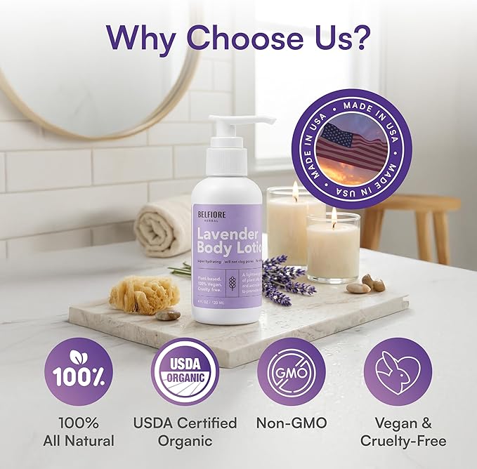 100% Natural Lavender Body Lotion | Organic Plant Extracts | Calming, Hydrating & Moisturizing | Vegan, Non-GMO | Made in the USA | 4 oz