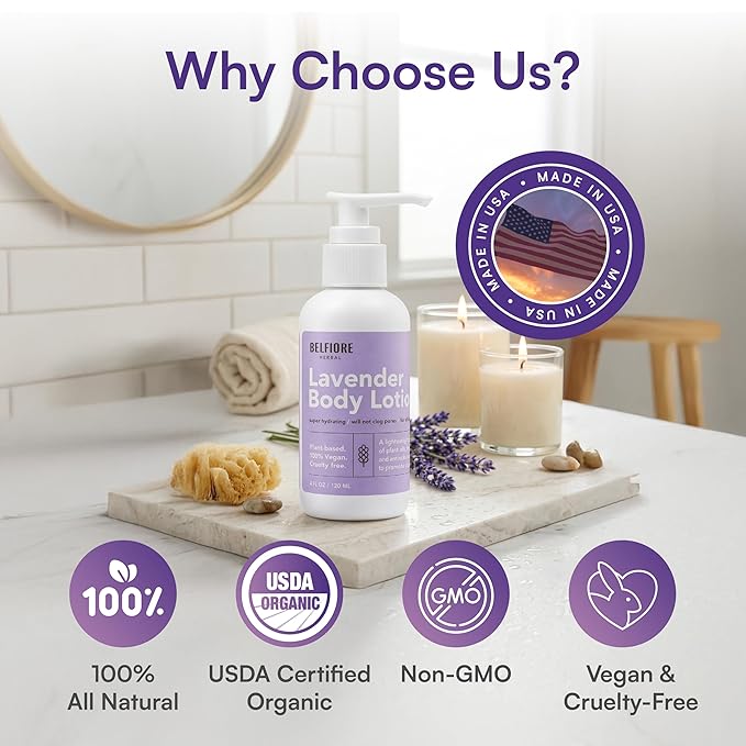 100% Natural Lavender Body Lotion | Organic Plant Extracts | Calming, Hydrating & Moisturizing | Vegan, Non-GMO | Made in the USA | 12 oz