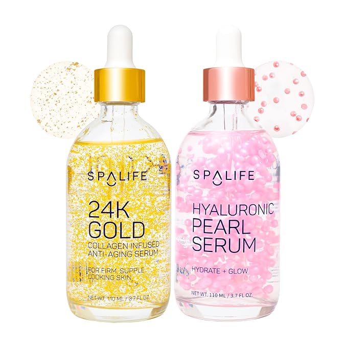 SpaLife Beauty Pearl Hyaluronic Acid Serum & 24k Gold Anti Aging Serum | AM/PM Facial Routine Duo | Deep Collagen Hydrating Treatment | Firming Wrinkle Face Skincare | 2 x 3.7 Fl. Oz.