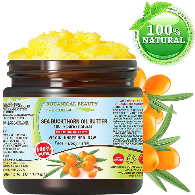 Botanical Beauty SEA BUCKTHORN OIL BUTTER Pure Natural Virgin Unrefined RAW for FACE SKIN BODY HAIR NAILS, vitamin C (4 Fl Oz)