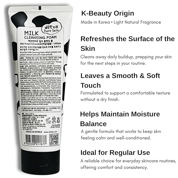 esfolio Milk Cleansing Foam – Hydrating Face Wash for All Skin – Korean Skincare Milk Protein for Gentle Deep Cleansing – Moisturizing Facial Cleanser for Soft & Smooth Skin (5.29oz -150g)
