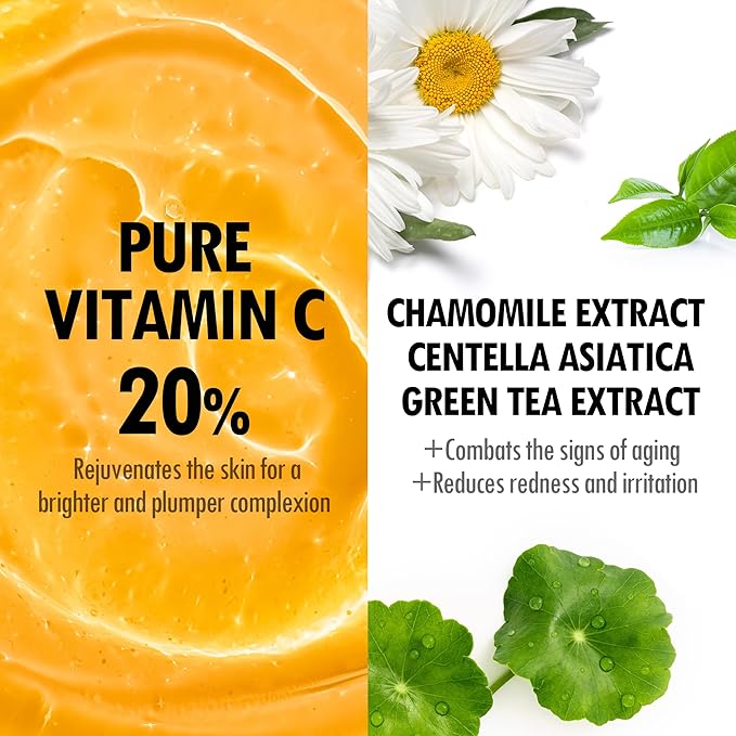 VEGREEN 20% Pure Vitamin C Ampoule for Face - Waterless Pure L-Ascorbic Acid & Chamomile for Sensitive Skin, Dark Spot Corrector, Brightening & Anti-Aging Korean Glass Skin Essence, 1.01 fl oz
