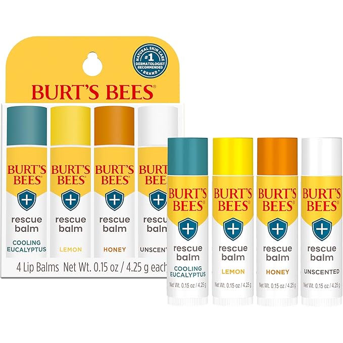 Burt's Bees 100% Natural Rescue Lip Balm, Cooling Eucalyptus, Lemon, Honey, Unscented, 4 Tubes