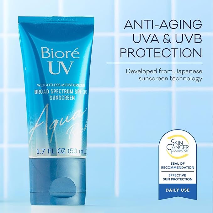 Biore UV Aqua Rich SPF 30 PA+++ Daily Moisturizer Sunscreen for Face, For Sensitive Skin, Oil Free, Hyaluronic Acid, Vegan, Oxybenzone & Octinoxate Free, Dermatologist Tested, 1.7 Oz/3pk