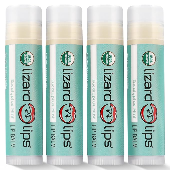 LizardLips Natural Lip Balm Eucalyptus Mint; USDA Certification Lip Moisturizer; Travel-Friendly Everyday Care; Fun Quirky Beach Vacation Essentials