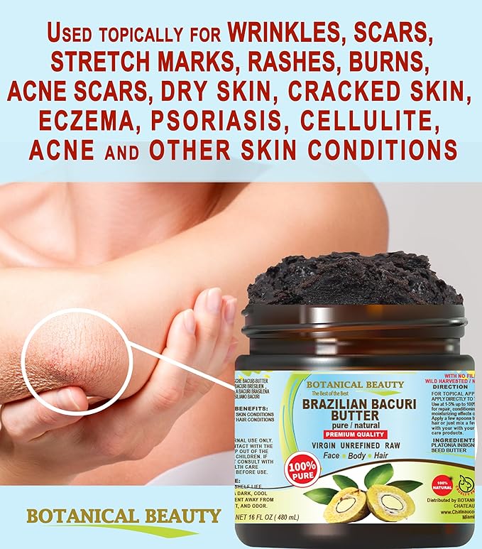 Botanical Beauty Brazilian BACURI BUTTER 100% Pure Natural VIRGIN UNREFINED for FACE, SKIN, BODY, HAIR, NAILS Skin Moisturizer Butter, Skin Nourishing Butter (8 Fl Oz)