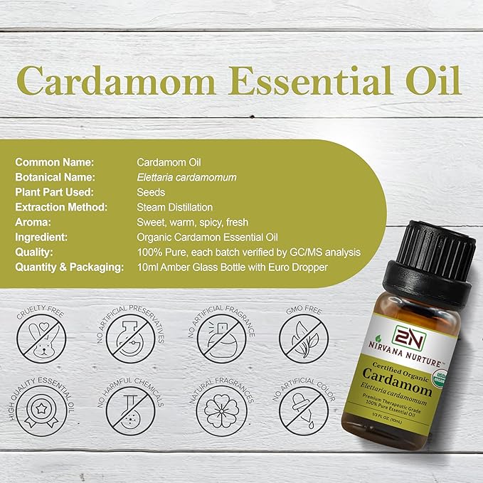 Cardamom Essential Oil, USDA Certified Organic, 100% Pure Undiluted, Aromatherapy Oil for Diffuser, Hair & Skin Care
