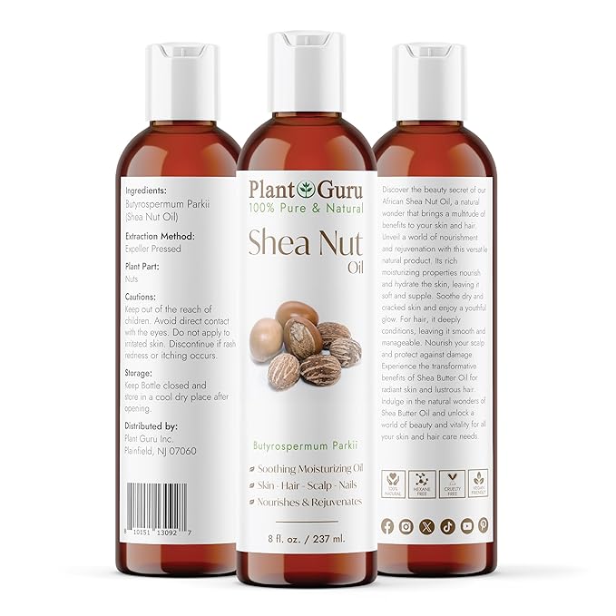 Plant Guru African Shea Nut Butter Oil 8 fl. oz. 100% Pure Natural Skin, Face, Hair Growth And Moisturizer. DIY Body Butters, Lotions, Creams, Lip Balm And Soap Making.