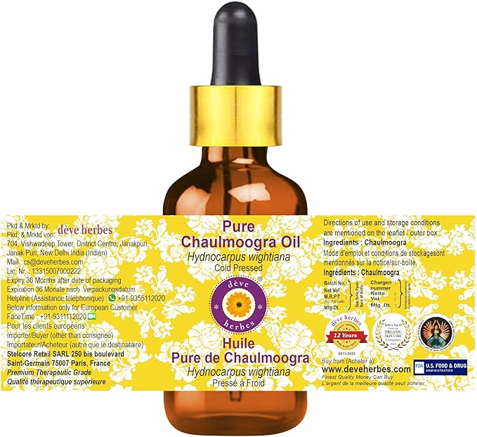 Deve Herbes Chaulmoogra Oil (Hydnocarpus wightiana) with Glass Dropper | Cold Pressed | Pure | Natural | for Diluting Essential Oils | Skin & Massage | Non-Sticky | Lightweight | Unisex | 30ml (1 oz)
