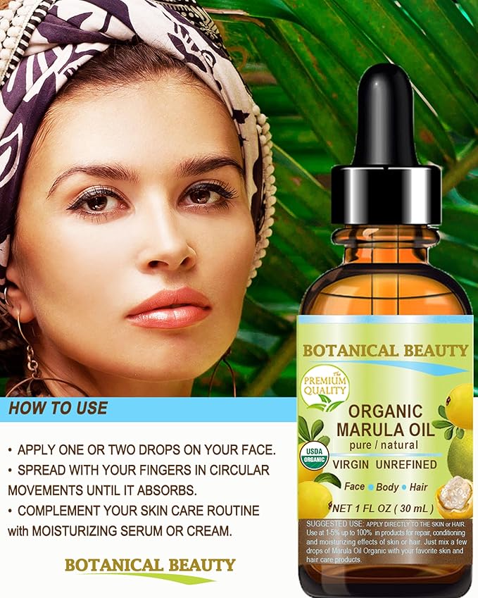 Botanical Beauty Organic MARULA OIL WILD GROWTH 100% Pure Natural Virgin, Unrefined Cold-Pressed Moisturizer for FACE, DRY SKIN, BODY, DAMAGED HAIR, NAILS, Anti-Aging (2 Fl Oz)