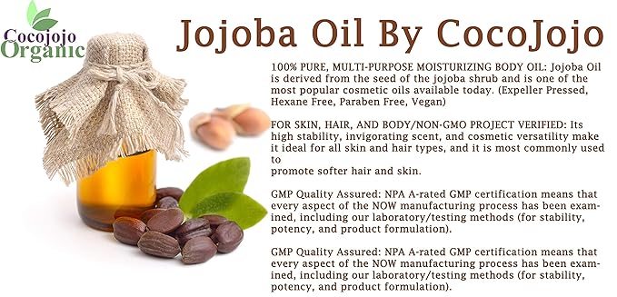 cocojojo Jojoba Oil Organic, Jojoba Oil for Hair Growth, Jojoba Oil for Skin, Jojoba Oil for Face, 100% Pure Natural, Cold Pressed, Deep Moisturizing Anti-Aging, Essential Oils - 4 Fl Oz