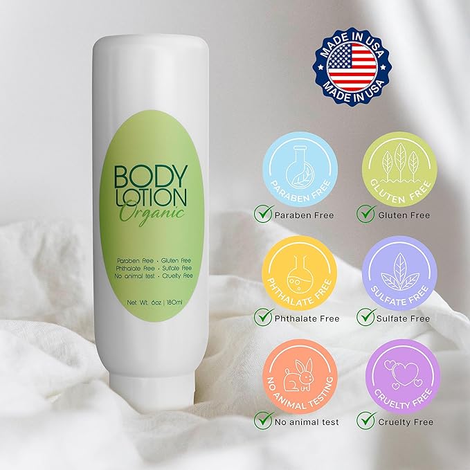 Organic Body Lotion, Naturally Moisturizing 6 oz, Paraben Free, Gluten Free, Cruelty Free, Made in USA