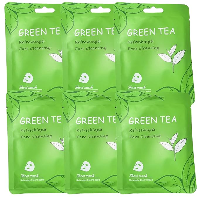 Vegan Organic Face Mask Sheet – Hydrating, Moisturizing & Brightening Skincare with Natural Ingredients for Glowing, Healthy Skin, 6 Count, Green Tea