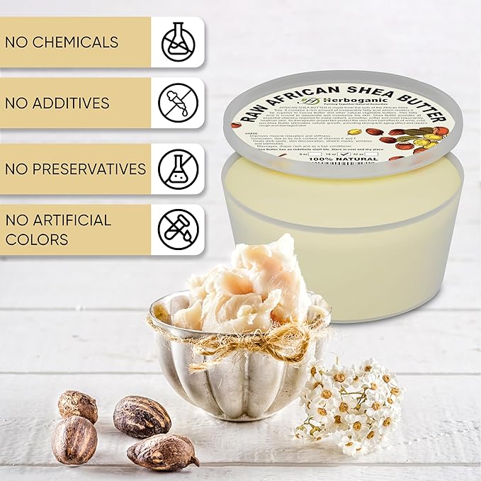 HERBOGANIC Pure African Shea Butter Raw Organic, White Ivory 100% Natural Unrefined | For Body & Hair Scalp Non GMO - 16 oz