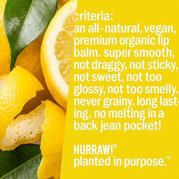 Hurraw! Lemon Lip Balm, 3 Pack: Organic, Certified Vegan, Cruelty and Gluten Free. Non-GMO, 100% Natural Ingredients. Bee, Shea, Soy and Palm Free. Made in USA
