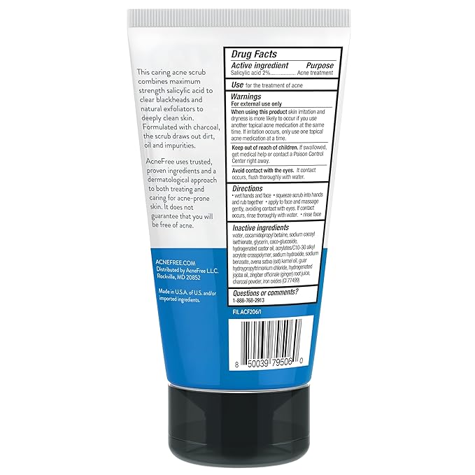 Acne Free Salicylic Acid Exfoliating Face Scrub, 2% BHA Blackhead Remover & Acne Treatment, Deep Cleanse with Charcoal & Jojoba Beads, Gentle Exfoliation with Ginger & Oats, 5 Ounce
