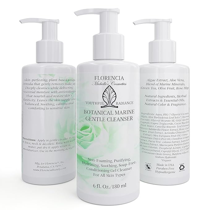 Florencia Botanical Marine Gentle Cleanser – Hydrating Non-Foaming Face Wash with Marine Algae & Aloe Vera, Gentle Purifying Facial Cleanser for Dry, Normal & Sensitive Skin, 6 Fl Oz