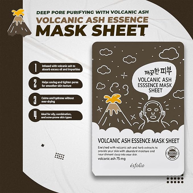 esfolio Volcanic Ash Face Mask – Deep Cleansing Korean Sheet Mask for Pore Care, Oil Control, Acne-Prone & Oily Skin – Hydrating & Purifying Skincare for Clear, Radiant Complexion (Pack of 10)