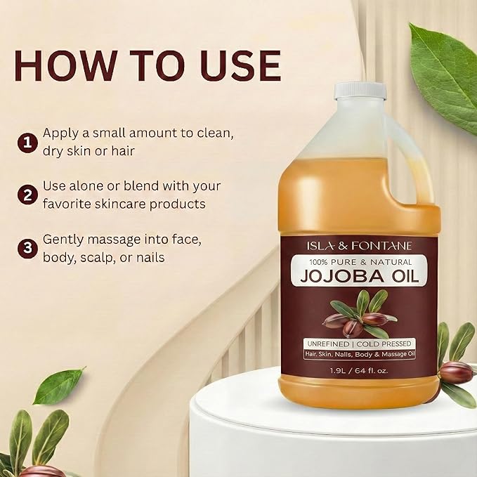 ISLA & FONTANE Jojoba Oil Set – 64 Fl Oz (1.9L) | 100% Pure & Natural | Golden, Unrefined, Cold Pressed | Hexane-Free Carrier Oil for Skin, Hair, Face, Nails & Body