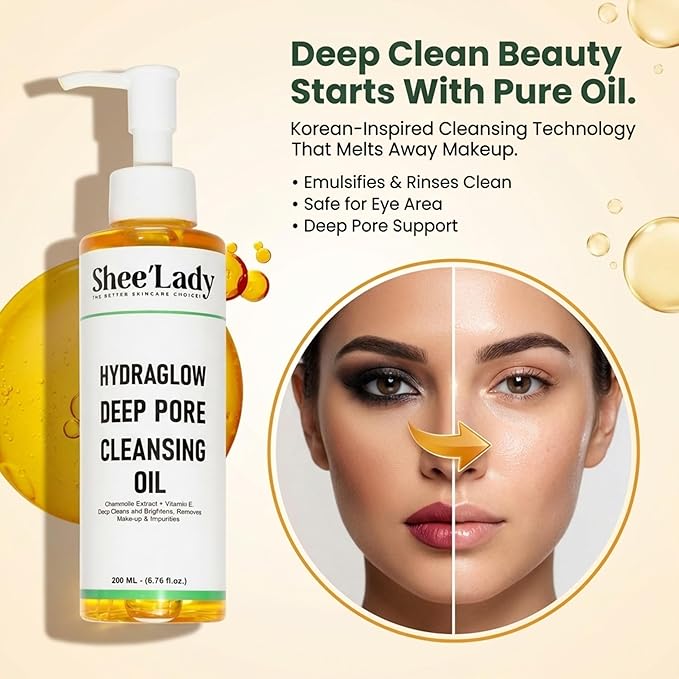 Shee'lady Hydraglow Deep Pore Cleansing Oil, limpiador facial en aceite – Best Cleansing Oil for Face, Blackhead & Makeup Remover Korean Skin Care, 6.76 fl oz (200ml)