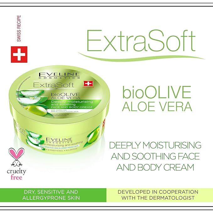 Extra Soft Bio Olive Aloe Vera Deeply Moisturizing and Smoothing Face and Body Cream for Sensitive and Allergy Prone Skin