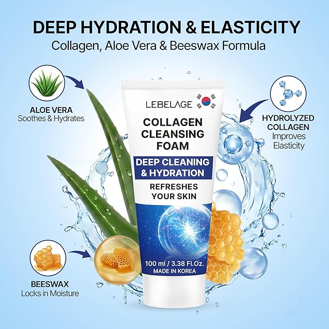 LEBELAGE Korean Collagen Facial Cleanser 3.38 oz | Cleansing Foam Face Wash | Low pH Gentle Hydrating Daily Facial Cleanser Sensitive Skin | Deep Cleansing Foaming Cleanser, Pore Care-All Skin Types