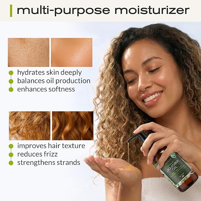Ella & Eden 8 Oz Organic Jojoba Oil For Hair – USDA Certified, 100% Pure Cold-Pressed & Unrefined Moisturizer for Hair, Skin, Face & Nails, Hexane-Free Carrier Oil - Food Grade Plastic Bottle