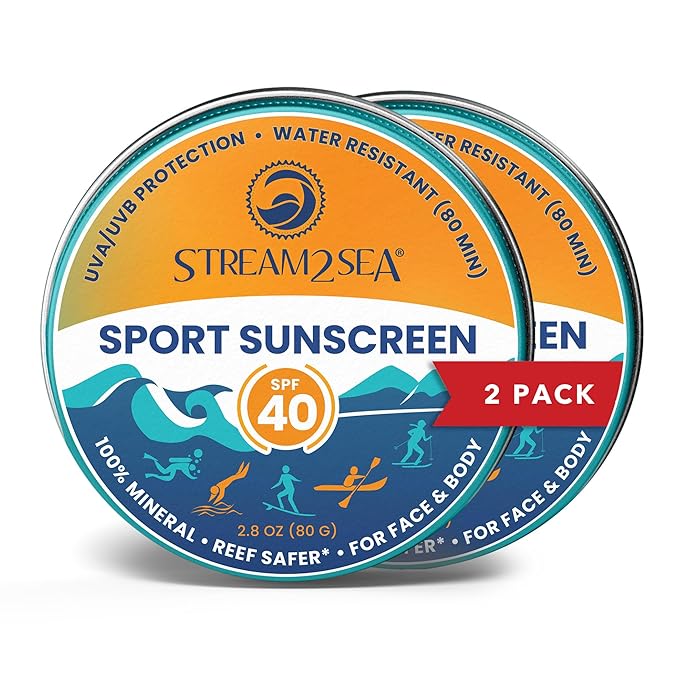 STREAM2SEA SPF40 Unscented Mineral Sport Sunscreen in Tin with EcoSafe Zinc for Face & Body, Natural Organic Biodegradable Coral Reef Safe Sunscreen, Travel Size, Mineral Based, 2 Pack