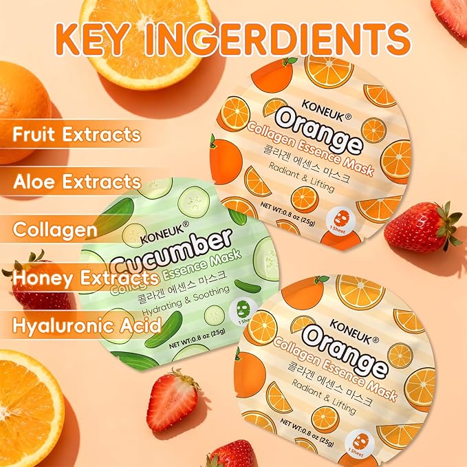 KONEUK 18 Pack Colorful Fruit Face Masks Skincare for Women, Bulk Sheet Hydrating Facial Mask for All Skin Types, Collagen Face Mask for Skin Care, Teacher Gifts, Mothers Day Gifts, Spa Party Gifts