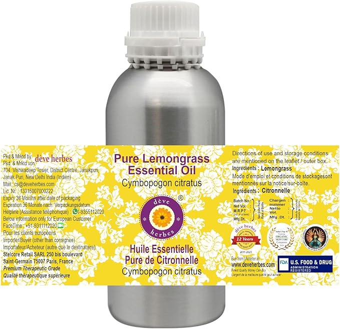 Deve Herbes Pure Lemongrass Essential Oil (Cymbopogon citratus) Steam Distilled 630ml (21 oz)
