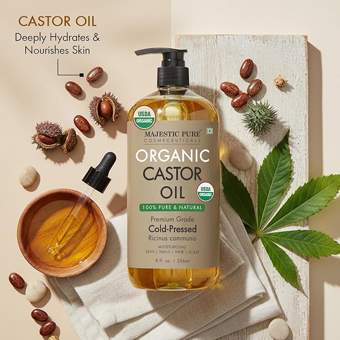 Majestic Pure USDA Organic Castor Oil 8 Fl Oz - 100% Pure and Natural- Cold Pressed & Hexane Free Natural Hair Growth Oil for Eyelashes, Eyebrows, Skin, Body, Face, Nails & Scalp