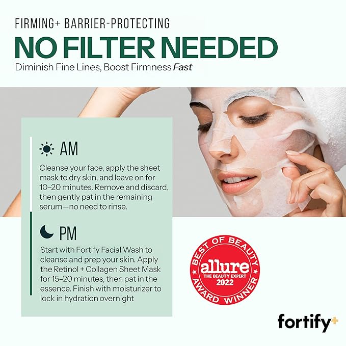 Fortify Skincare Face Mask with Retinol and Collagen - Dermatologist Tested, Anti Aging - Firming & Barrier Protecting - 3-in-1: Detox - Treat- Boost - Clean Beauty, Korean Skin Care, 10 Sheet Masks