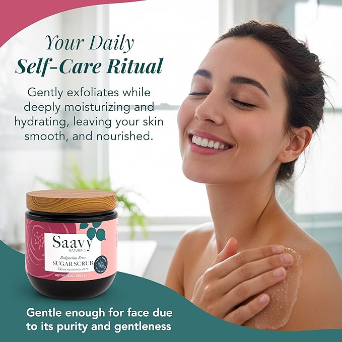 Saavy Naturals Body Scrub - Scented Sugar Rose Extract, Natural Body Scrub & Vegan Exfoliating with Vitamin E, Gentle for Sensitive Skin – Made in USA – Bulgarian Rose (1 Pack) - 12 oz