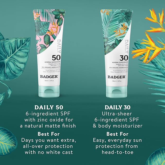 Badger SPF 50 Daily Mineral Sunscreen with Zinc Oxide, 85% Organic, Lightweight & Easy to Apply, No White Cast, Moisturizing, Reef Safe, Vegan, Unscented, 4 fl oz