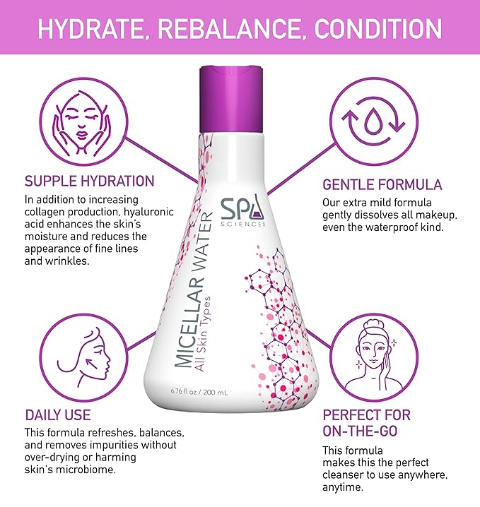 SPA SCIENCES - Micellar Water - Made in the USA - With Hyaluronic Acid & Chamomile, Cucumber, Seaweed Extracts - Soothe, Cleanse, Protect - Vegan - For All Skin Types - 6.76oz