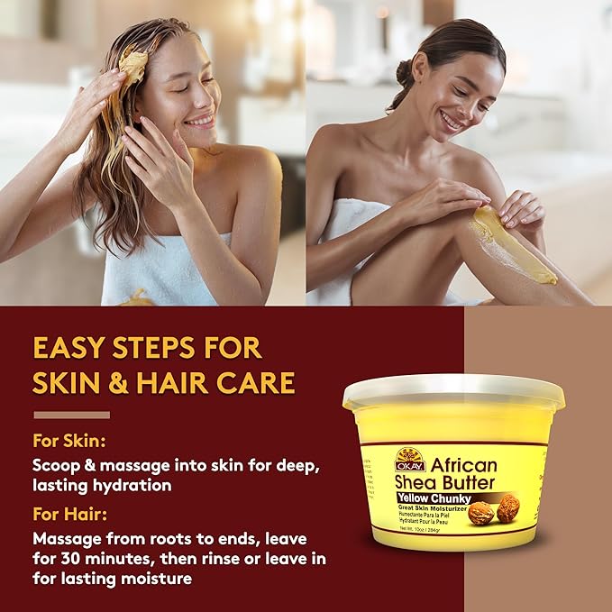 OKAY Raw African Shea Butter Yellow 10 oz – 100% Pure Unrefined Moisturizer for Face, Body & Hair – Deep Hydration for Dry Skin, Stretch Marks, Scalp Care & Hair Shine