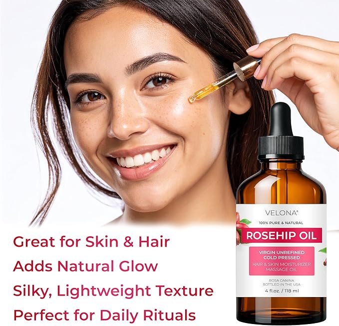 velona Rosehip Oil - 4 Fl Oz | 100% Pure and Natural Carrier Oil| Unrefined, Cold Pressed, Hexane Free | Moisturizing Face, Hair, Body, Skin Care, Stretch Marks, Scars…