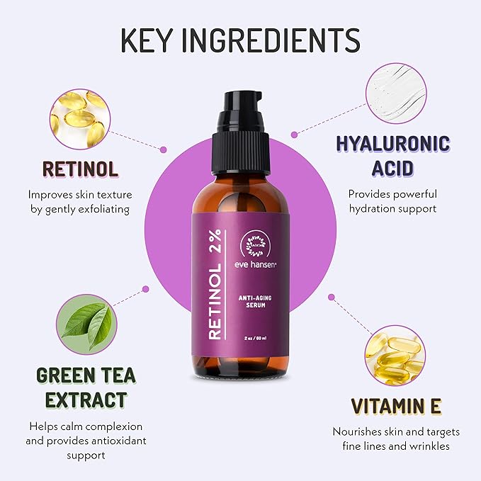 Eve Hansen Retinol Serum for Face 2% | (2oz) Facelift in a Bottle Wrinkle Filler Pore Minimizer Anti Aging Serum | Organic Retinol Anti Wrinkle Serum, Vitamin A Serum, Hyaluronic Acid