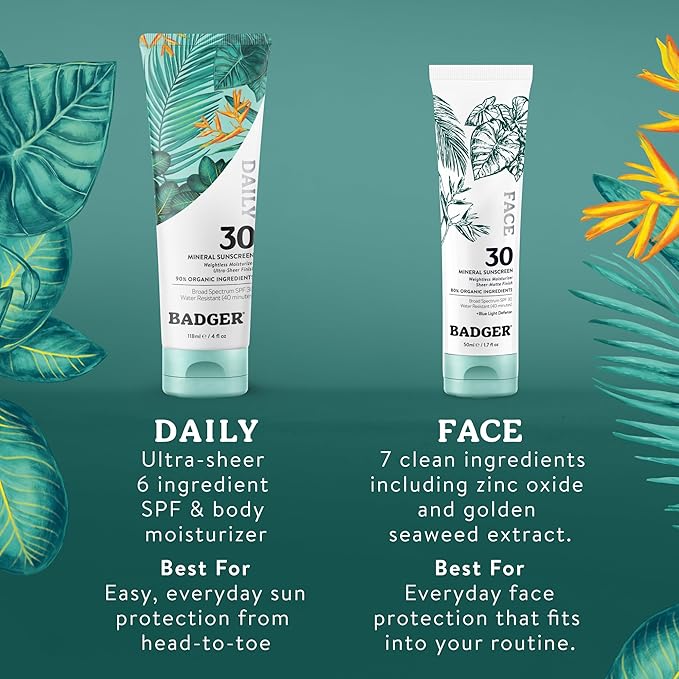 Badger Mineral Daily and Face Sunscreen Combo, SPF 30 Lightweight Organic Mineral Sunscreens with Zinc Oxide, Hydrating Everyday Sunscreen Lotions for Face & Body, Vegan & Unscented, 2-Pack